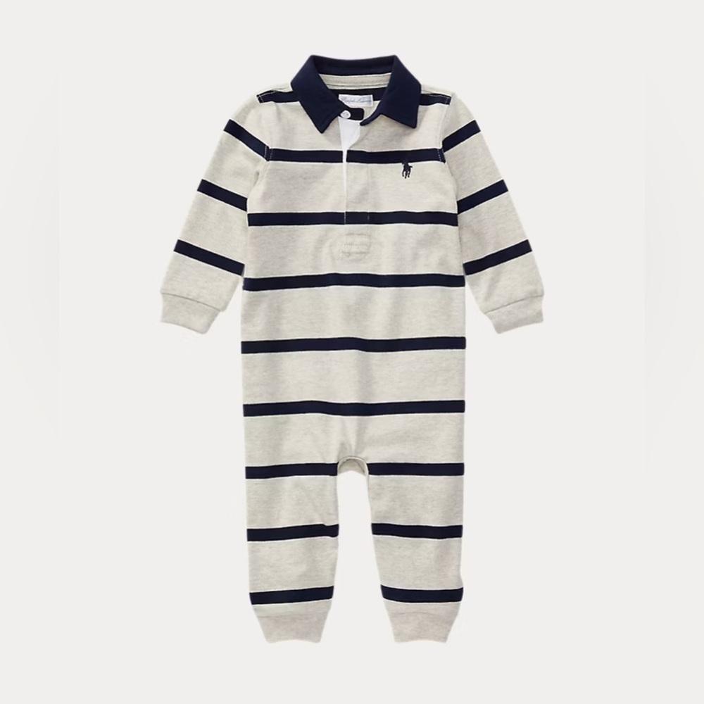 🏉 Striped Cotton Jersey Rugby Coverall | 9 Months | Gray & Navy | Ralph Lauren